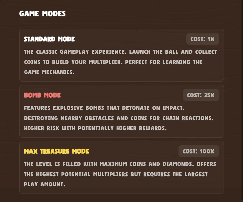 Angry Balls game modes selection showing STANDARD (1X), BOMB (25X), MAX TREASURE (100X)